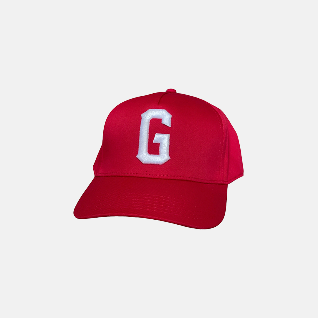 Red Trucker Hat with a White Logo on the Front, Adjustable Strap, Curved Brim, and Good Fortune curved in the back